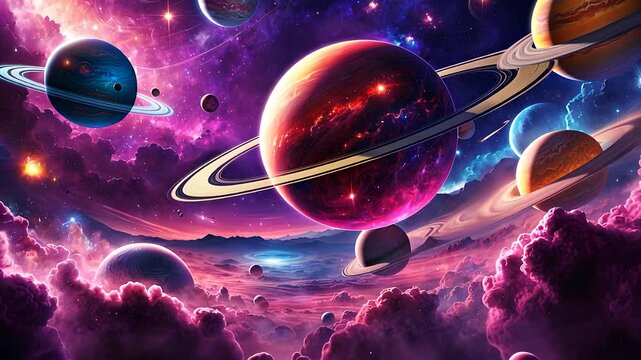 Colorful Cosmic Scene with Planets, Nebulae, and Stars in a Vibrant Galactic Space Landscape

