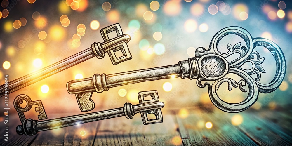 Poster hand drawn sketch doodle key pattern on white background with bokeh effect enhancing creative design