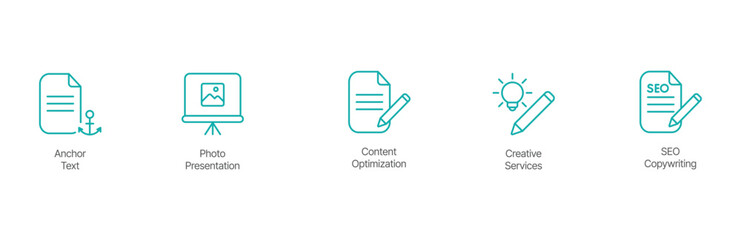 SEO and Content Creation Icon Set – Anchor Text, Photo Presentation, Content Optimization, Creative Services, and SEO Copywriting Design