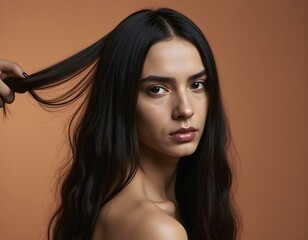 Naklejka premium Young woman cutting her own hair. Woman in a fit of crisis cutting her own hair. Woman with very long hair with scissors in hand ready to cut it herself