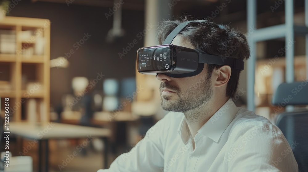 Poster man experiencing immersive virtual reality in modern office setting