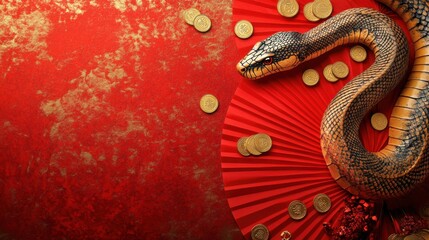 Obraz premium Golden snake and red fans with coins on a vibrant background for a celebratory Lunar New Year theme