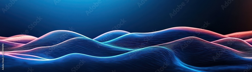 Poster a vibrant, abstract depiction of flowing waves illuminated with blue and red light, creating a dynam