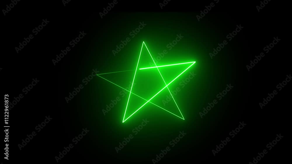 Poster neon light star frame rotation loading background animation. green color neon line star shape animat