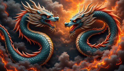Fototapeta premium Gothic Chinese dragons, intimidating and mythical, facing each other in stormy flames