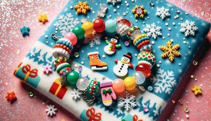 Bright and joyful festive bracelet adorned with snowmen beads, displayed on a colorful snowflake-patterned background. Perfect for a cheerful and whimsical holiday theme.

