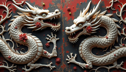 Fototapeta premium Gothic Chinese dragons, intricate and dark, mythical and intimidating, decorative wall relief art