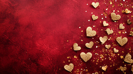 Red velvet texture with golden hearts creating romantic atmosphere