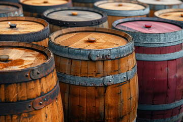 Wine wooden barrels, old shabby, background. Alcoholic winery basement storage for fermentation.