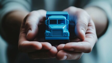 Businessman holding miniature blue toy truck in hands