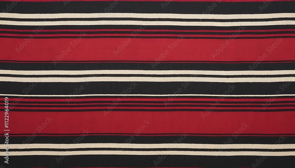 Poster striped textile fabric red black and beige horizontal lines. the fabric displays a repeating pattern