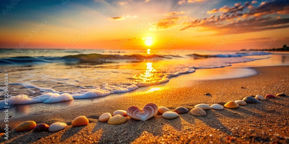 Aufkleber heart shape shells and pebbles on a serene beach at golden hour with soft ocean waves lapping gently