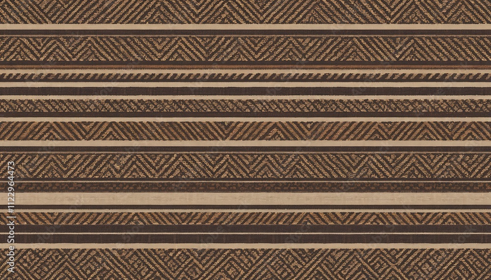 Poster closeup of a fabric with horizontal stripes in brown and beige featuring geometric chevron and zigza