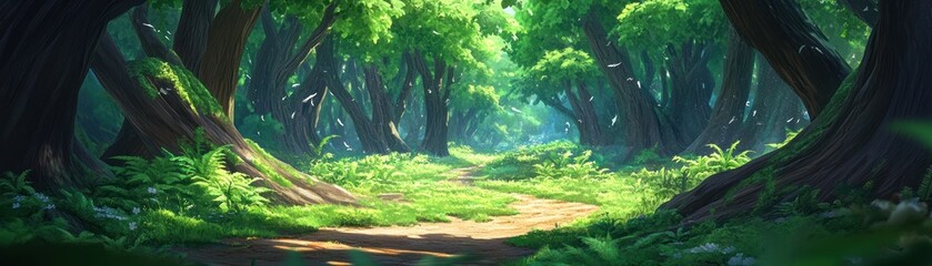 Obraz premium A serene forest path surrounded by lush greenery and vibrant foliage.