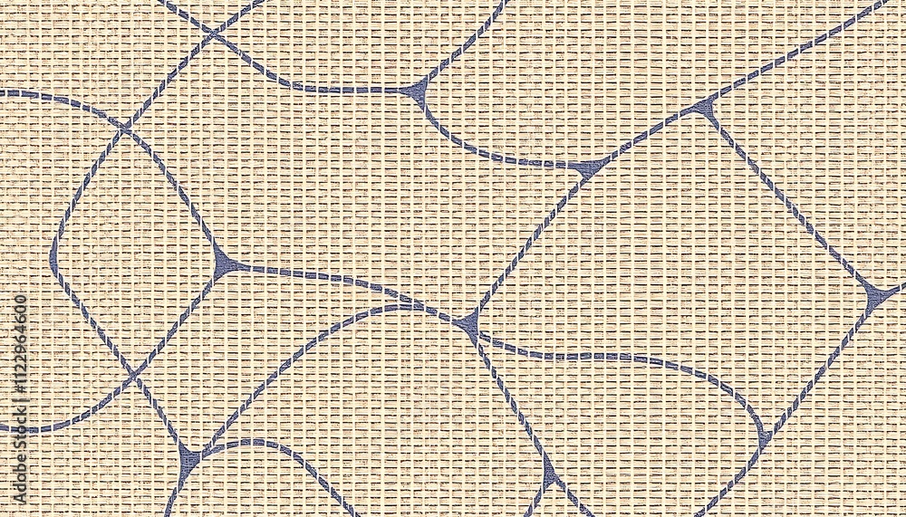 Poster closeup of beige woven fabric featuring a pattern of abstract blue lines forming interconnected shap