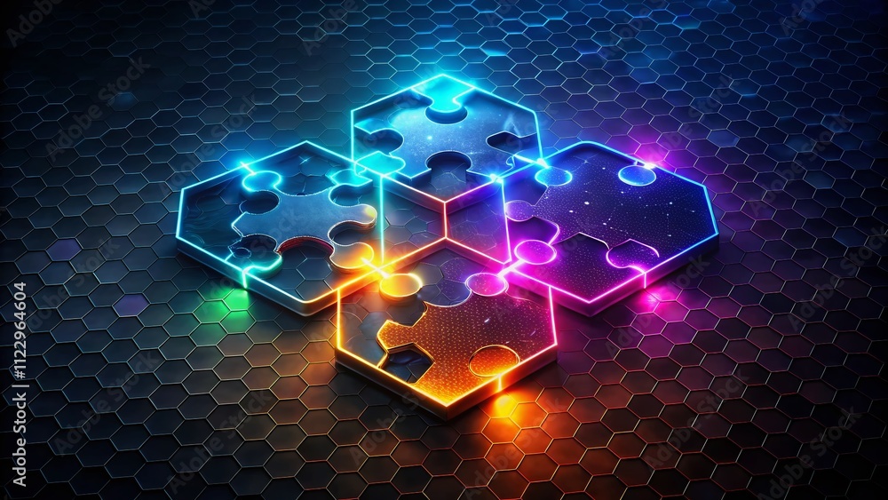 Poster hexagon puzzle infographic representing business process steps in a jigsaw format with five intercon