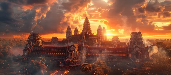 Naklejka premium Breathtaking sunset scene over the ornate and intricate Hindu temple complex set against a dramatic and vibrant sky The ancient historic landmark appears mystical and enchanting