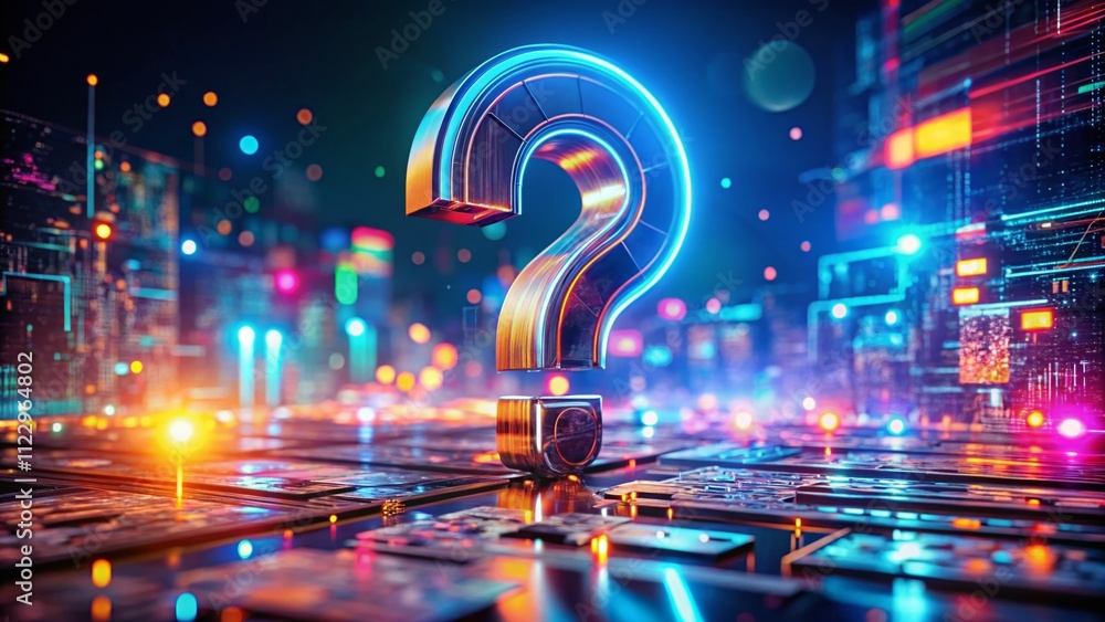 Poster high depth of field 3d illustration of a question mark symbol representing digital concept, technolo
