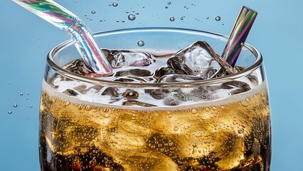 Glass of refreshing soda drink with ice cubes and straw on blue background closeup