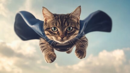 realistic photo of a cat themed super hero flying through the air
