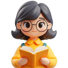 Cartoon-Style 3D Librarian Avatar with Book and Glasses on Isolated White Background