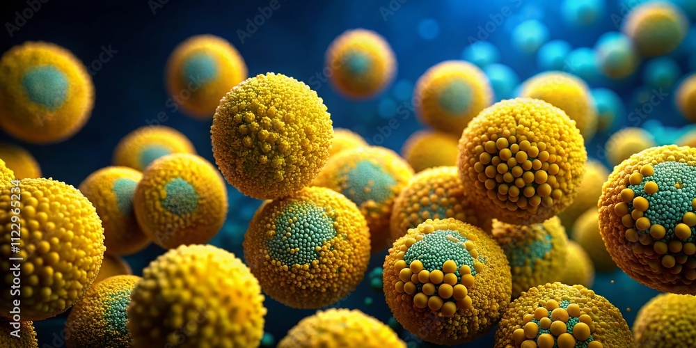 Poster highly detailed close-up of yellow spherical microorganisms under low light conditions with intricat