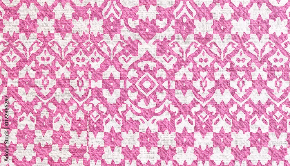 Poster pink and white geometric textile fabric design pattern. the design features intricate floral and abs