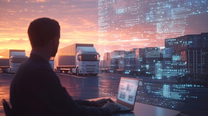 Logistics manager using laptop analyzing cargo delivery using innovative software with ai tracking system