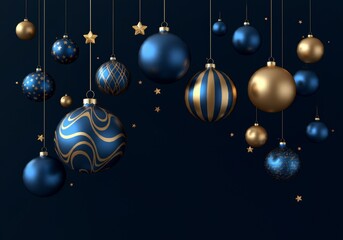 A dark blue background with gold ornaments and baubles hanging from strings, creating a festive holiday atmosphere

