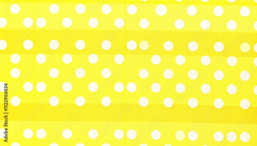 Poster closeup view of yellow fabric with a repeating pattern of white polka dots arranged on subtle horizo