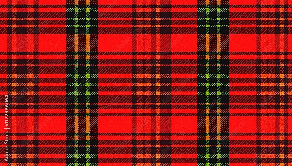 Poster closeup view of a vibrant red plaid fabric texture with black orange and green lines forming a repea