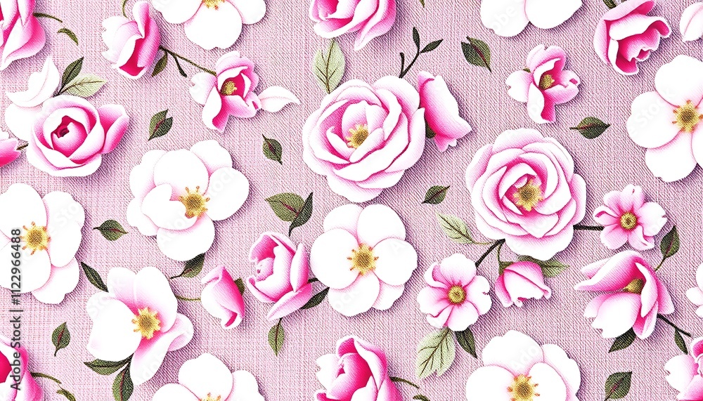 Aufkleber pink rose and flower textile fabric pattern design print on a pale pink textured background. the des