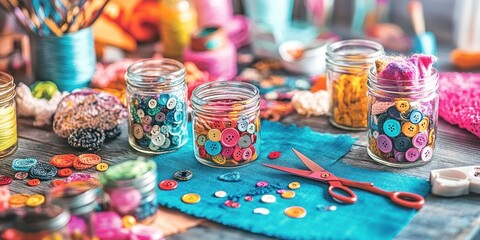 Colorful crafting supplies arranged with buttons, scissors, and yarn for creative projects.