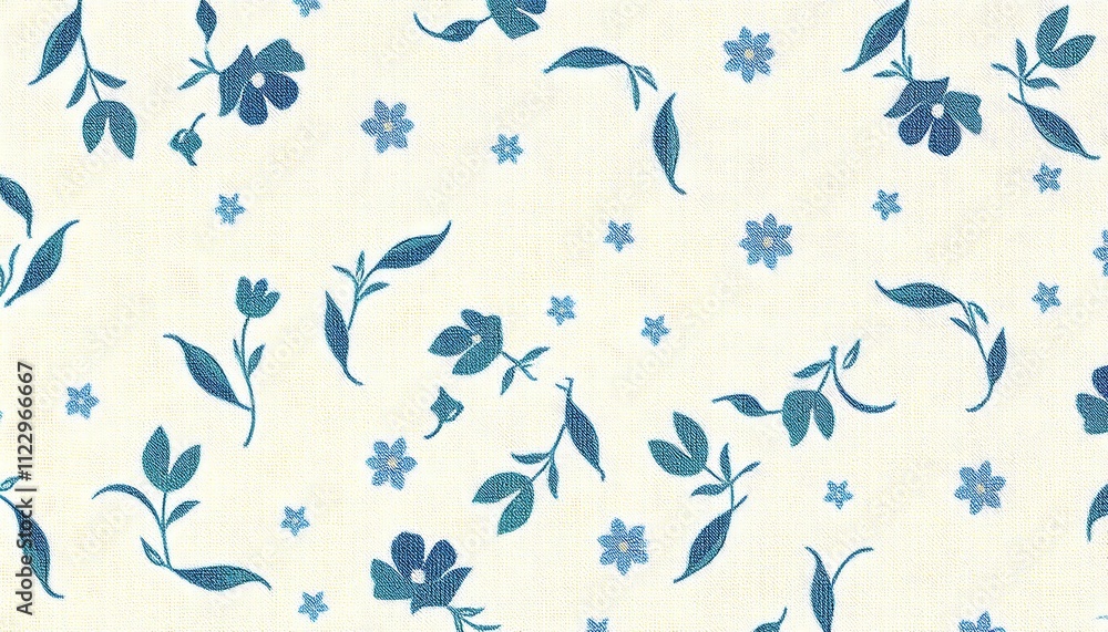 Poster a seamless textile pattern featuring small blue flowers leaves and twigs on a cream background. the 