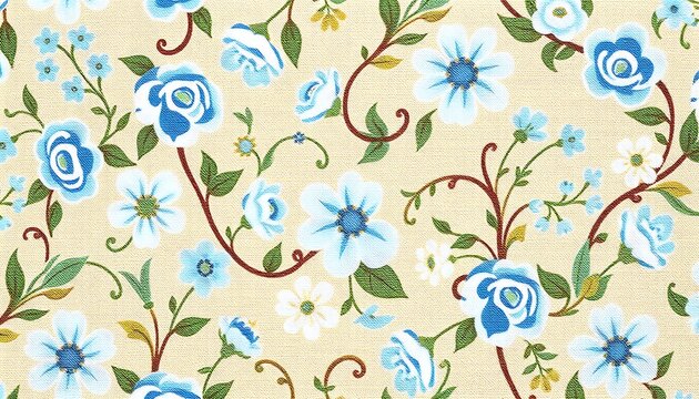 Elegant Blue and White Floral Fabric Textile Pattern Design on a paleyellow background. Intricate swirling vines connect the blossoms."