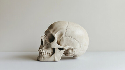 Obraz premium detailed anatomical model of human skull displayed on white surface, showcasing realistic bone structure and texture, ideal for educational or scientific purposes