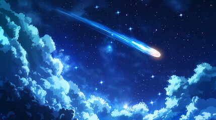 Shooting Star in a Night Sky with Clouds. Concept of wonder, dreams, and the universe.