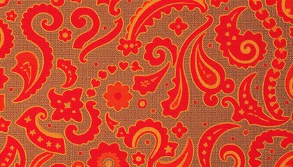 Red Orange Paisley Floral Textile Fabric Design Pattern Texture on a brown background.