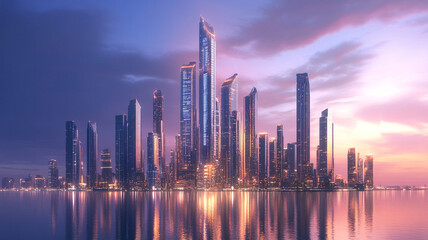 Fototapeta premium futuristic city skyline at dusk with glowing skyscrapers reflecting on calm water, under vibrant sky blending pink and purple hues