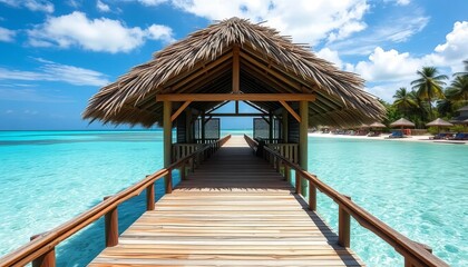 Fototapeta premium Wooden Pier Leads To Tropical Overwater Bungalow