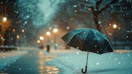 Black umbrella on a snowy path at night.