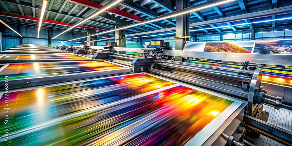 Poster high-speed printing press in action: capturing the dynamic energy of magazine production in an edito