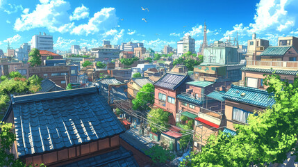 Vibrant Asian Cityscape on a Sunny Day. Concept of Urban Life, Architecture, and Nature.