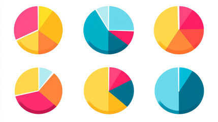 Fototapeta premium Circle division infographic icon set. Pie chart divided 4,5,6 equal parts. Color pizza or donut round diagram. Infographic wheel segment and fraction. Vector illustration isolated on white background.