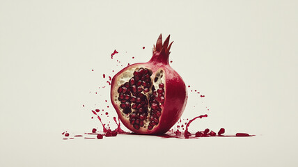 minimalist composition of pomegranate split open, revealing vibrant red seeds with juice splashes on clean white background, evoking freshness and vitality