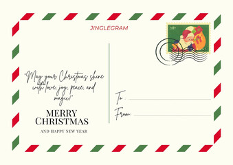 Fototapeta premium Vintage Christmas postcard features a festive airmail border, a retro Santa Claus stamp, and a heartfelt holiday greeting, perfect for spreading Christmas magic and New Year wishes