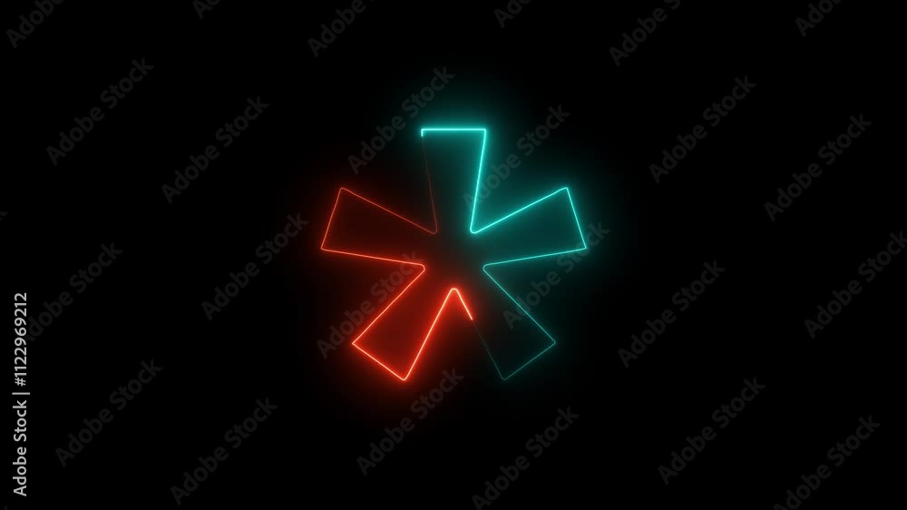 Poster neon light star frame rotation loading background animation. cyan and pink color neon line star shap
