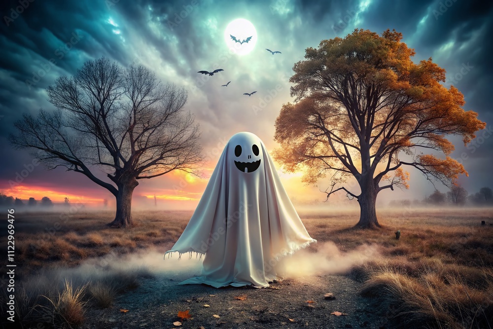 Poster humorous dual exposure of a funny scary ghost in a 3d render, blending eerie elements with whimsical