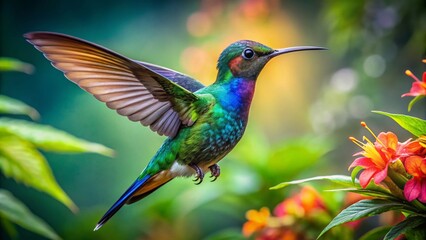 Fototapeta premium Hummingbird in Rainforest: Vibrant Colors and Natural Habitat Captured in Stunning Food Photography of Tropical Flora and Fauna Interactions in the Wild