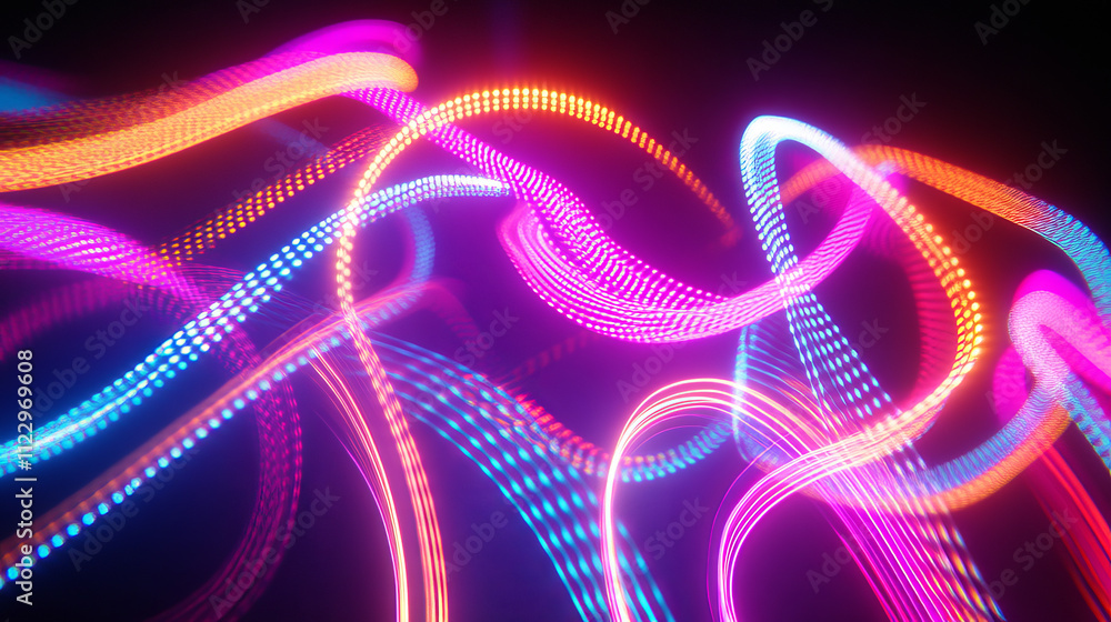 Poster set of glowing neon color circles round curve shape with wavy dynamic lines isolated on black backgr